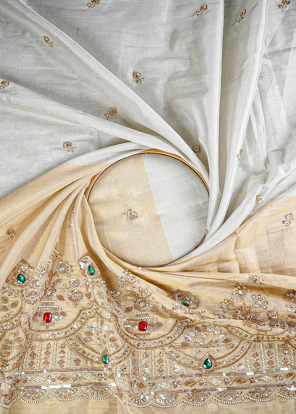 Golden And Silver Tissue Fabric With All Over Sequins, Katdana And Ston Work With One Side Heavy Border 23528