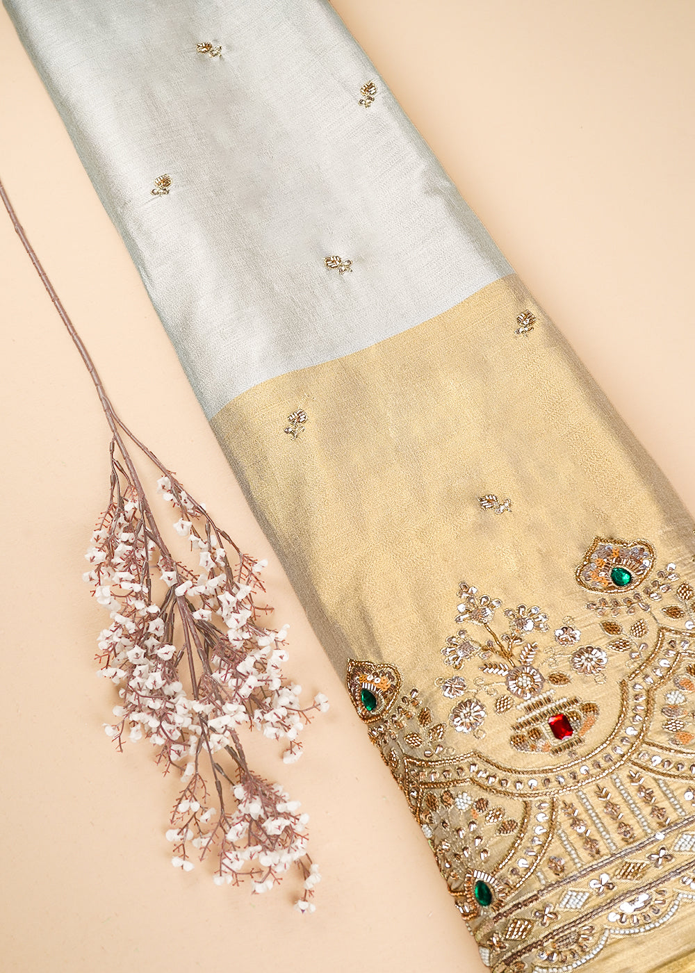 Golden And Silver Tissue Fabric With All Over Sequins, Katdana And Ston Work With One Side Heavy Border 23528