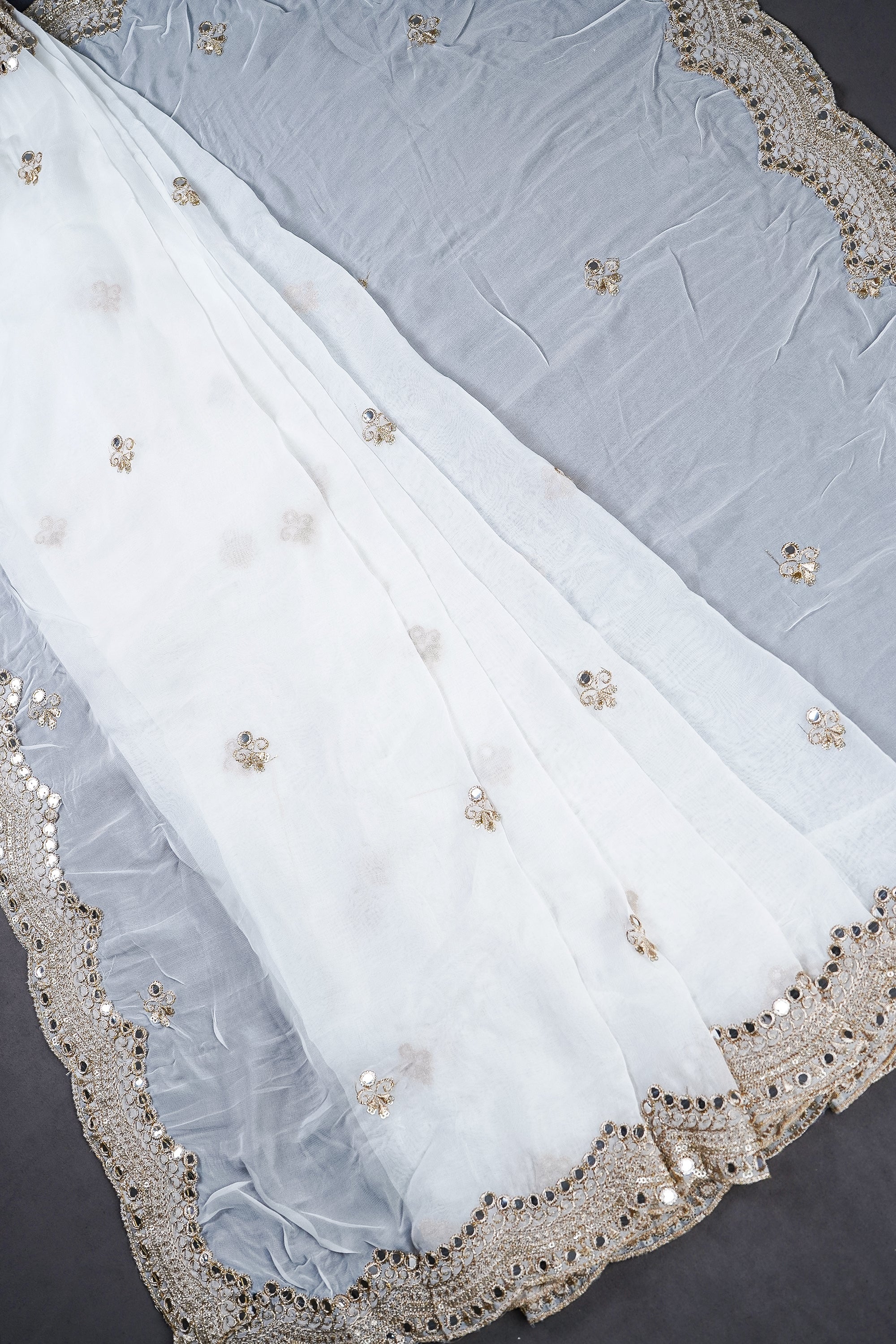 White Dyeable Organza Dupatta With All Over Sequins, Zari And Faux Mirror Work 23532