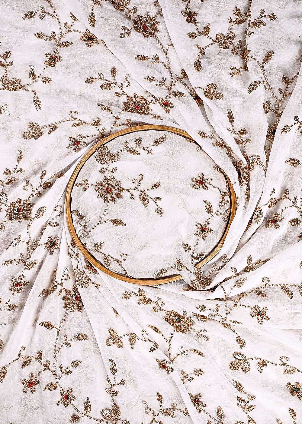 White Dyeable Georgette Fabric With All Over Sequins, Katdana And Bead Work 23572