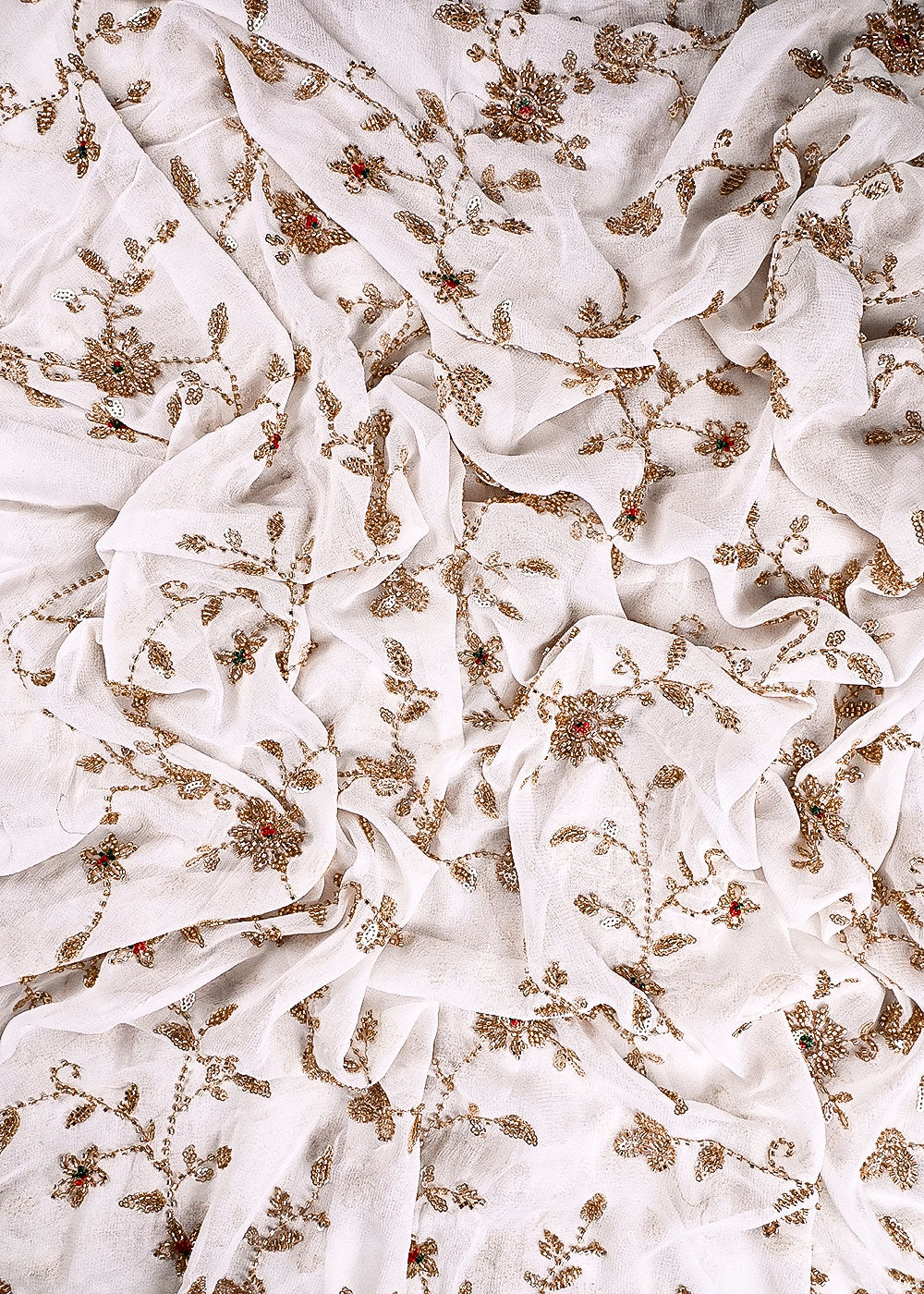 White Dyeable Georgette Fabric With All Over Sequins, Katdana And Bead Work 23572