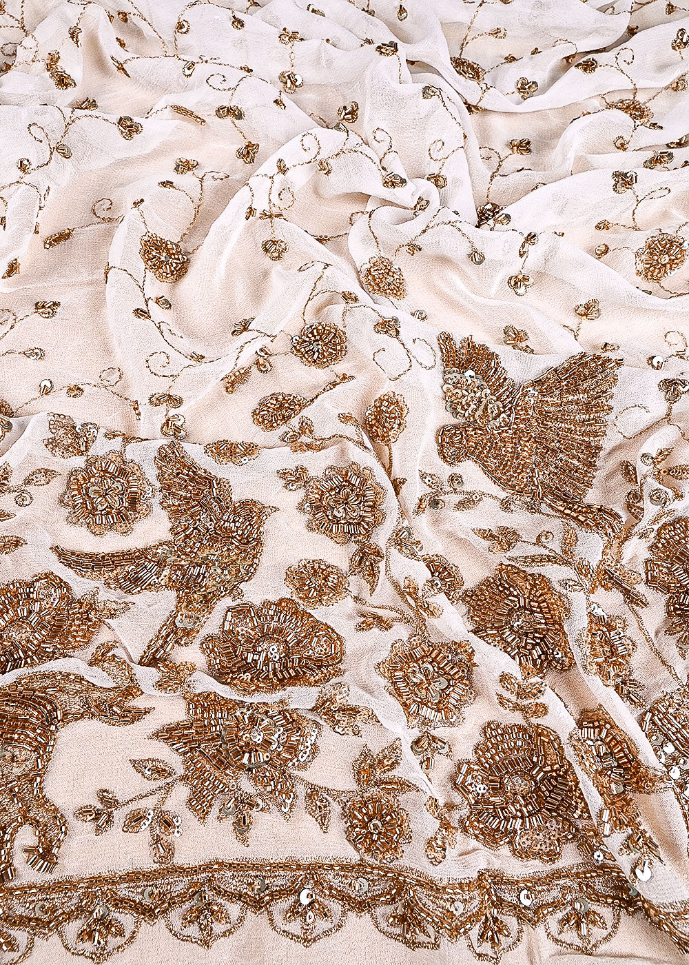 White Dyeable Georgette Fabric With All Over Sequins, Katdana, Bead And Zari Work With One Side Heavy Border 23573