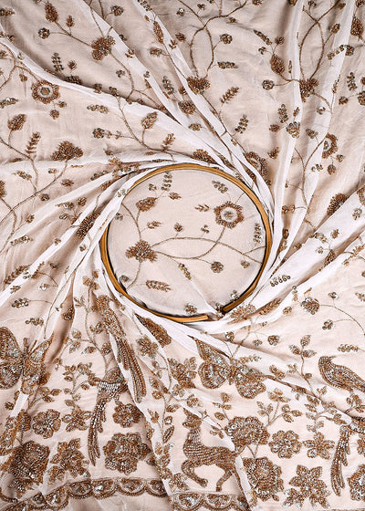 White Dyeable Georgette Fabric With All Over Sequins, Katdana, Bead And Zari Work With One Side Heavy Border 23574