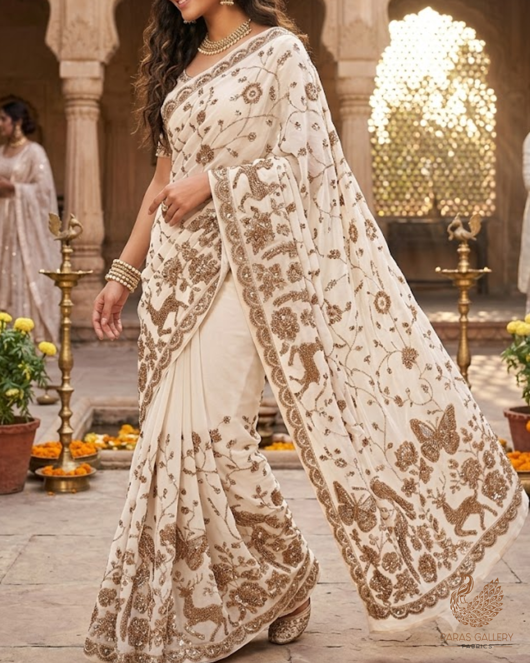 White Dyeable Georgette Fabric With All Over Sequins, Katdana, Bead And Zari Work With One Side Heavy Border 23574
