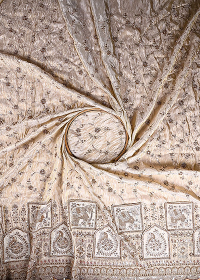 Golden Dyeable Tissue Fabric With All Over Sequins, Katdana, Bead, Zari And Patch Work With One Side Heavy Border 23575