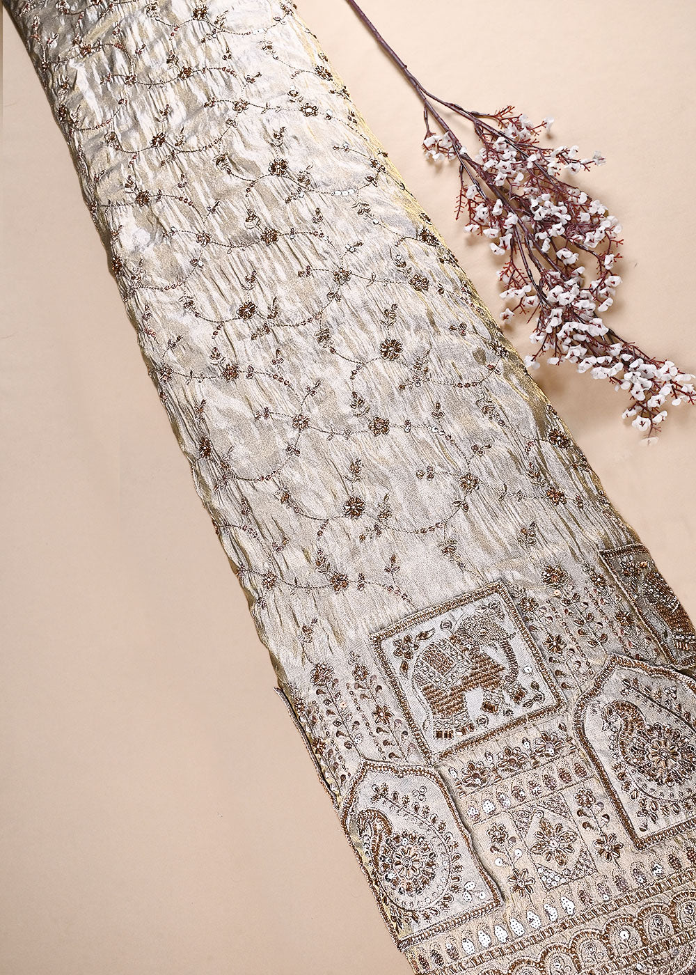 Golden Dyeable Tissue Fabric With All Over Sequins, Katdana, Bead, Zari And Patch Work With One Side Heavy Border 23575