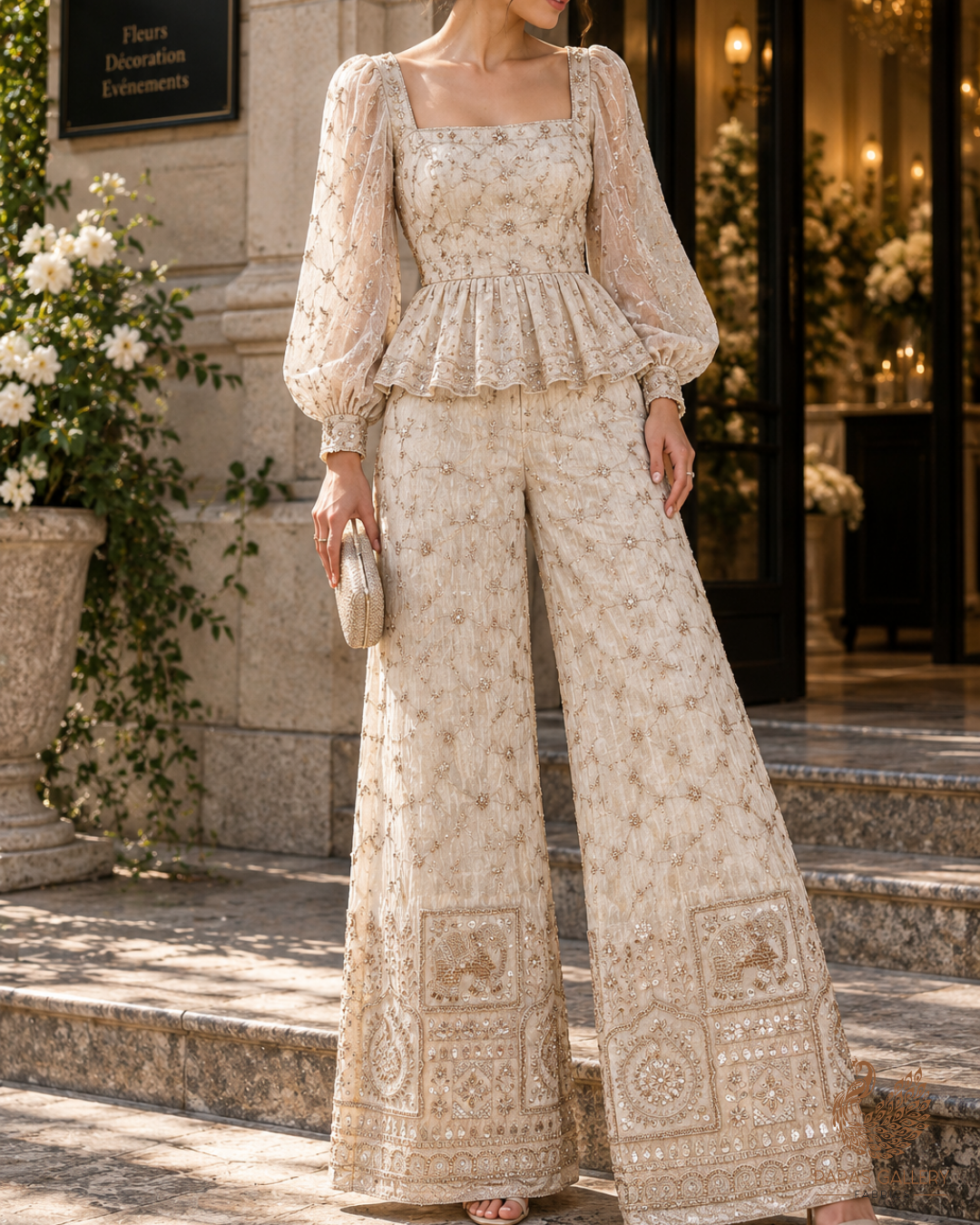 Golden Dyeable Tissue Fabric With All Over Sequins, Katdana, Bead, Zari And Patch Work With One Side Heavy Border 23575