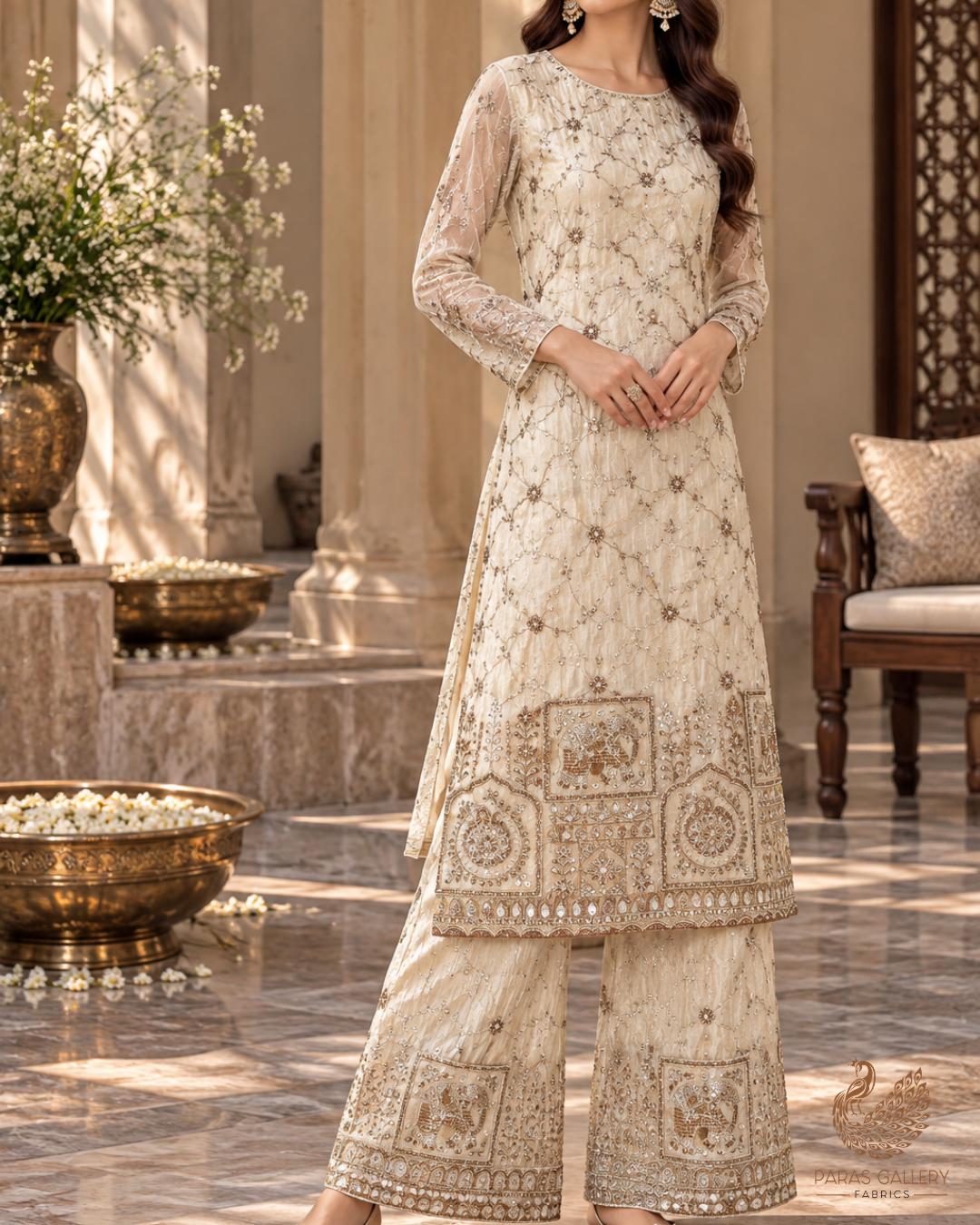 Golden Dyeable Tissue Fabric With All Over Sequins, Katdana, Bead, Zari And Patch Work With One Side Heavy Border 23575