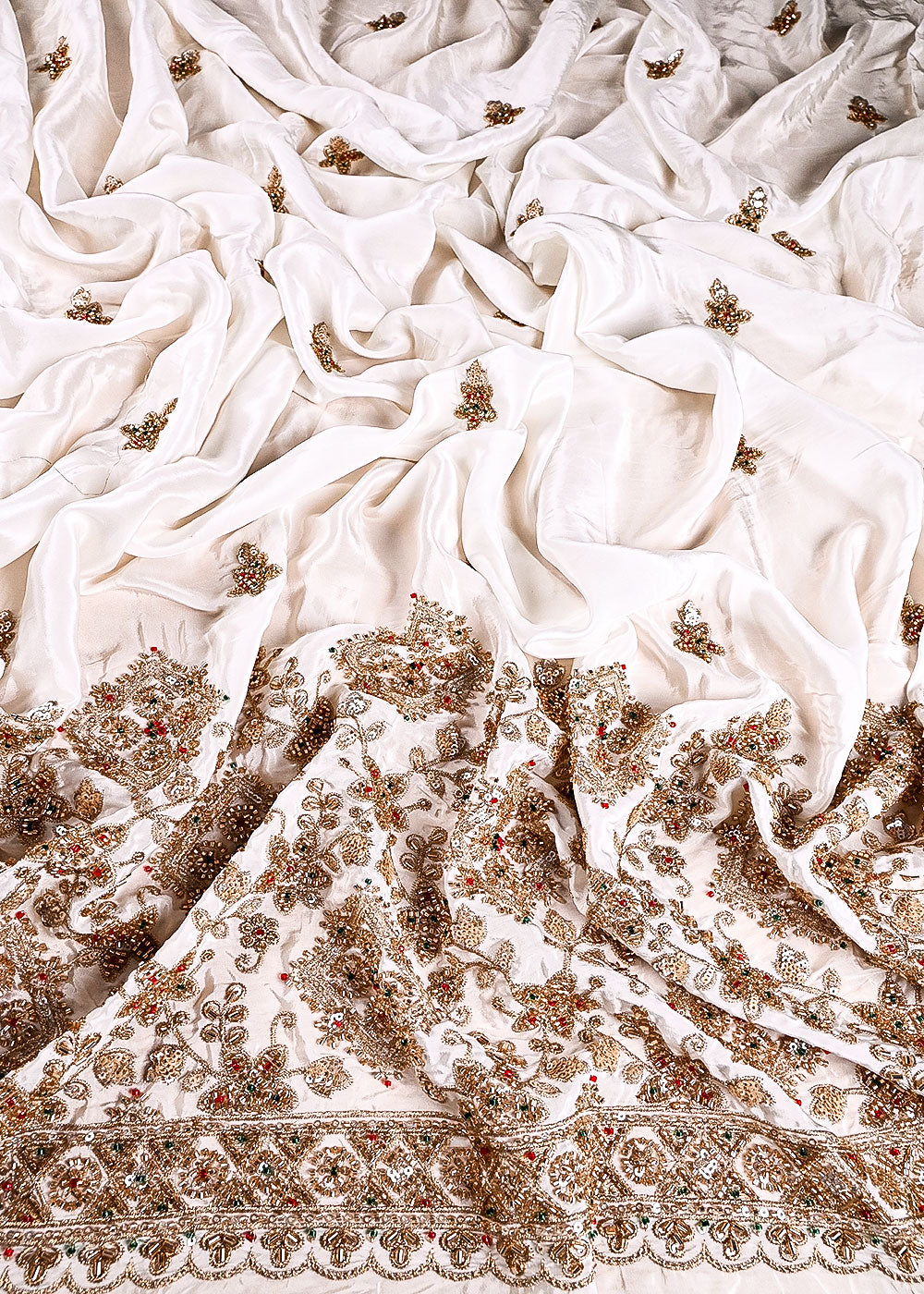 White Dyeable Crepe Fabric With All Over Sequins, Katdana, Bead And Zari Work With One Side Heavy Border 23576