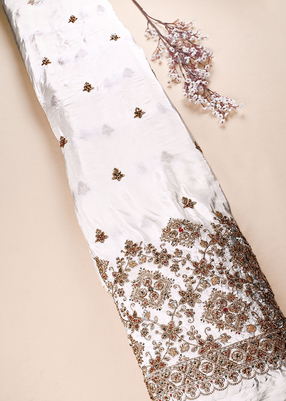 White Dyeable Crepe Fabric With All Over Sequins, Katdana, Bead And Zari Work With One Side Heavy Border 23576