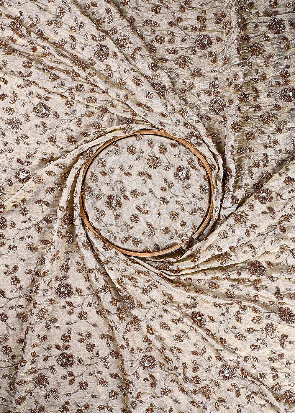 Golden Dyeable Tissue Fabric With All Over Sequins, Katdana, Bead, And Zari Work 23577