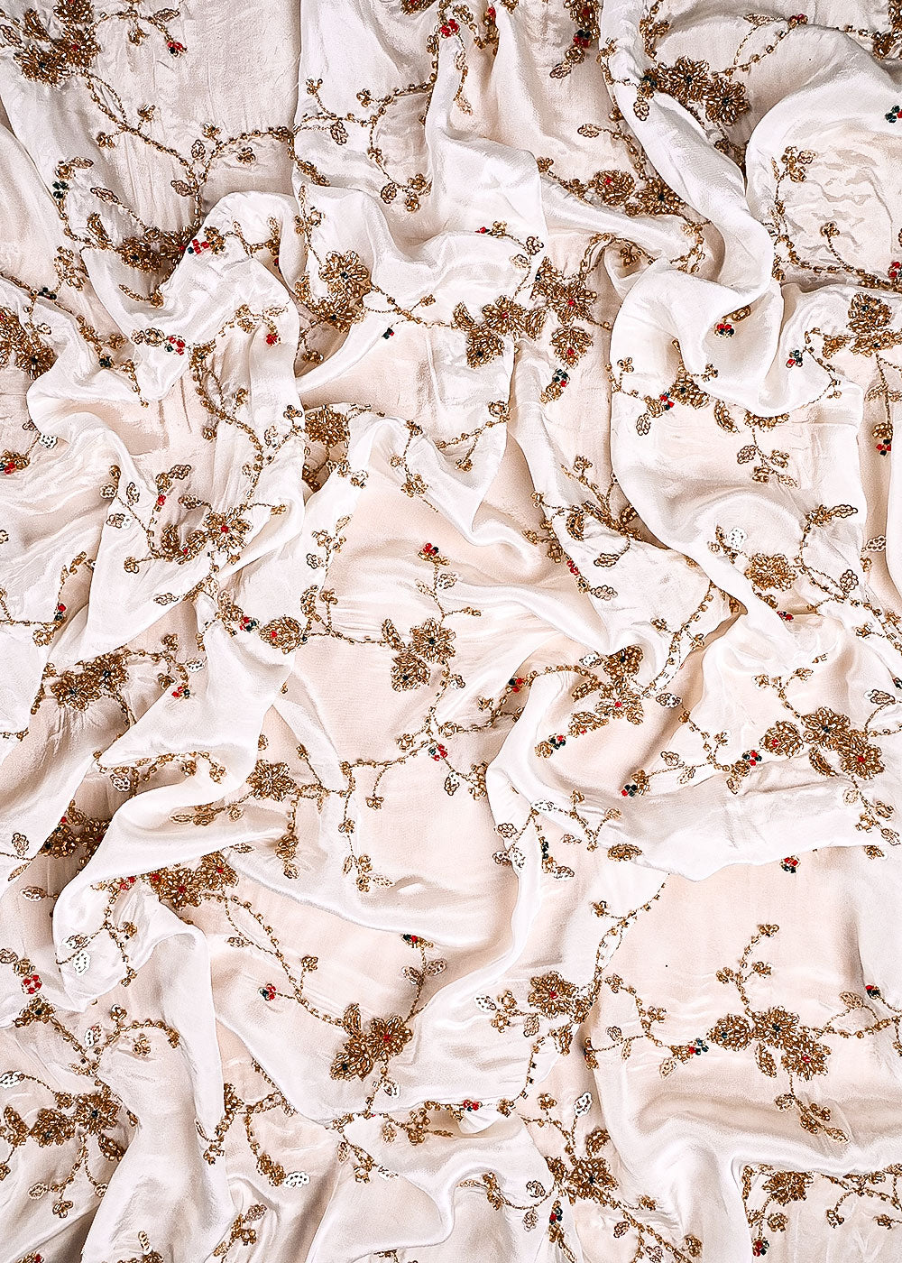 White Dyeable Crepe Fabric With All Over Zari, Sequins And Katdana Work 23578