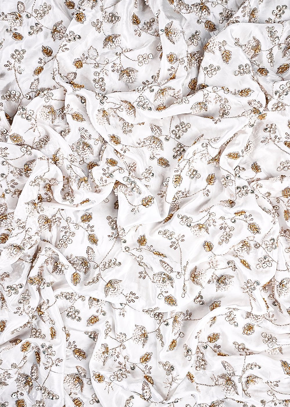 White Dyeable Crepe Fabric With All Over Sequins, Katdana And Zari Work 23579
