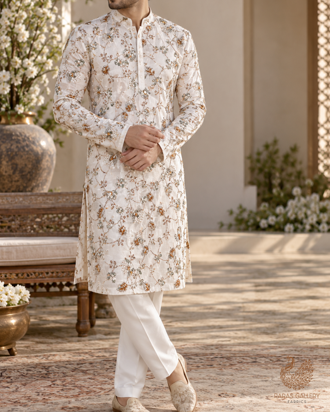 White Dyeable Crepe Fabric With All Over Sequins, Katdana And Zari Work 23579