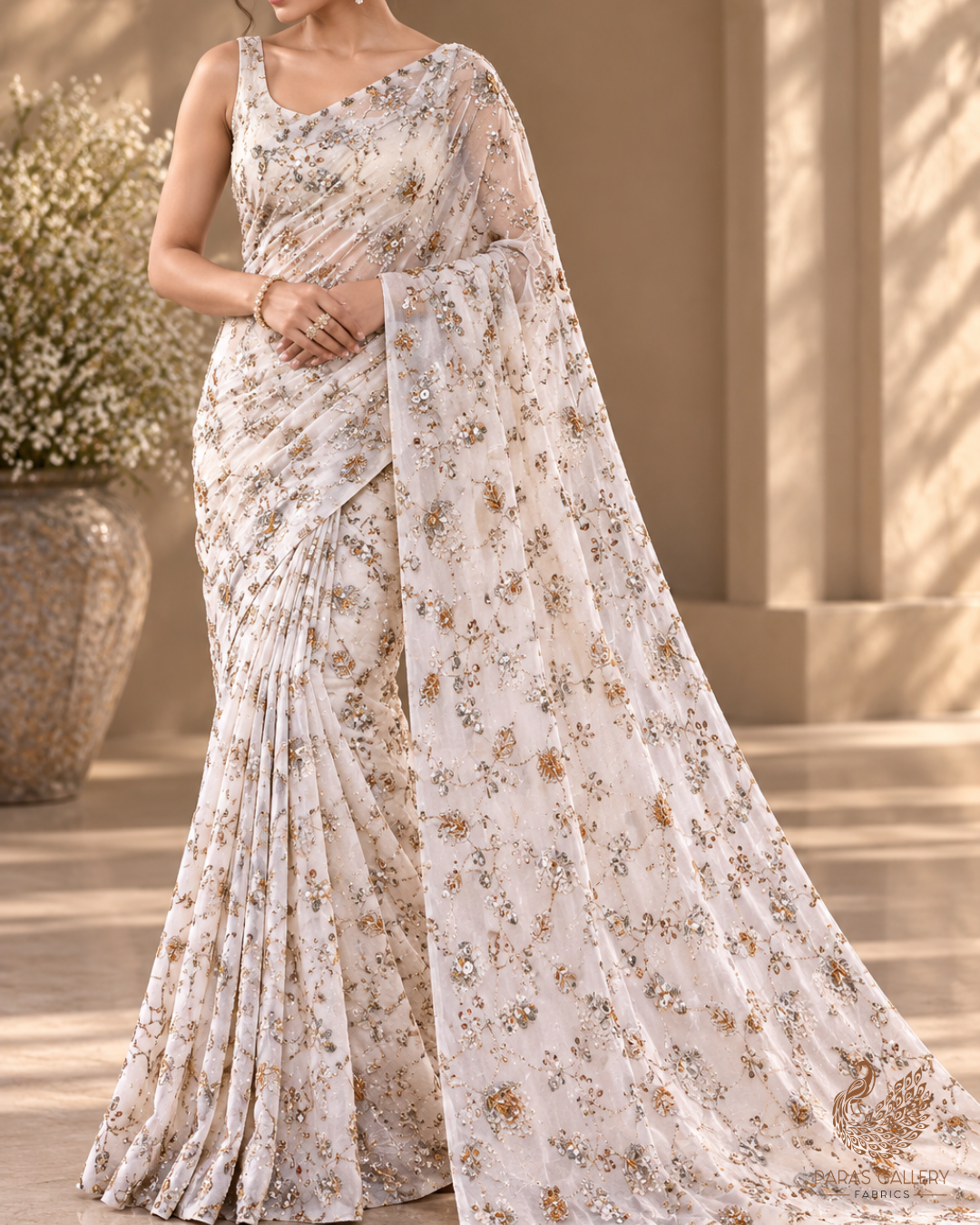 White Dyeable Crepe Fabric With All Over Sequins, Katdana And Zari Work 23579