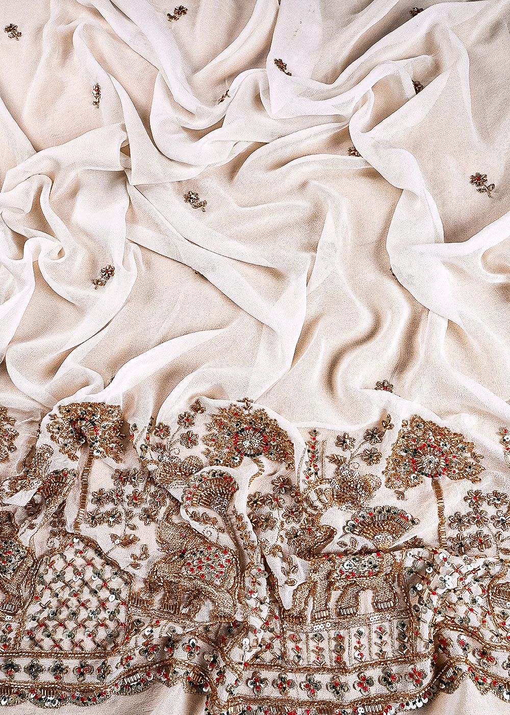 White Dyeable Georgette Fabric With All Over Sequins, Katdana, Bead And Zari Work With One Side Heavy Border 23580