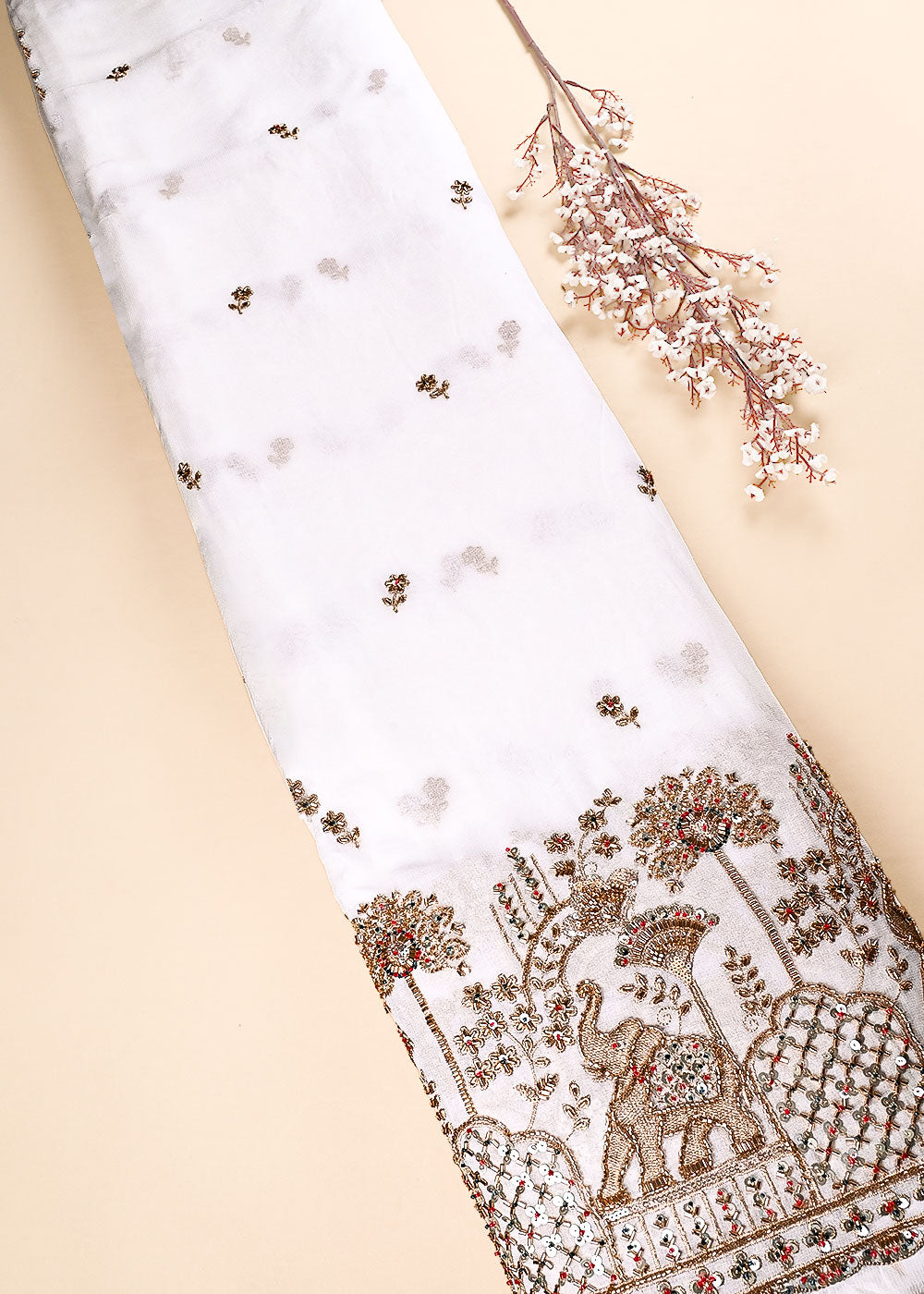 White Dyeable Georgette Fabric With All Over Sequins, Katdana, Bead And Zari Work With One Side Heavy Border 23580