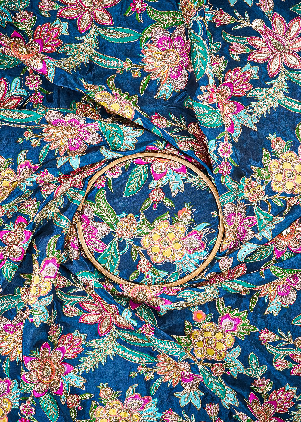 Teal Blue Crepe Fabric With All Over Zari And Sequins Work 23588