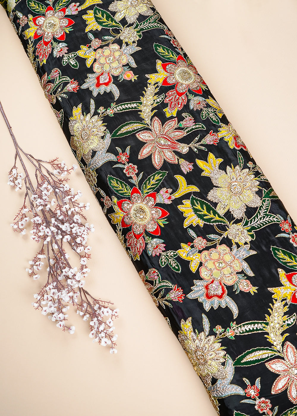Black Crepe Fabric With All Over Zari And Sequins Work 23589