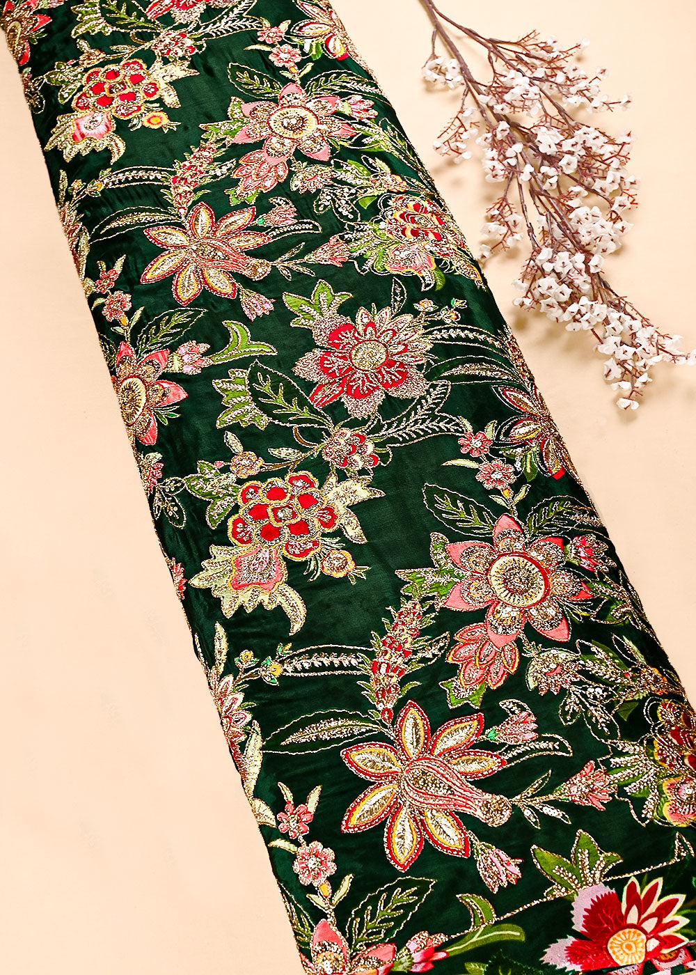 Bottle Green Crepe Fabric With All Over Zari And Sequins Work 23590