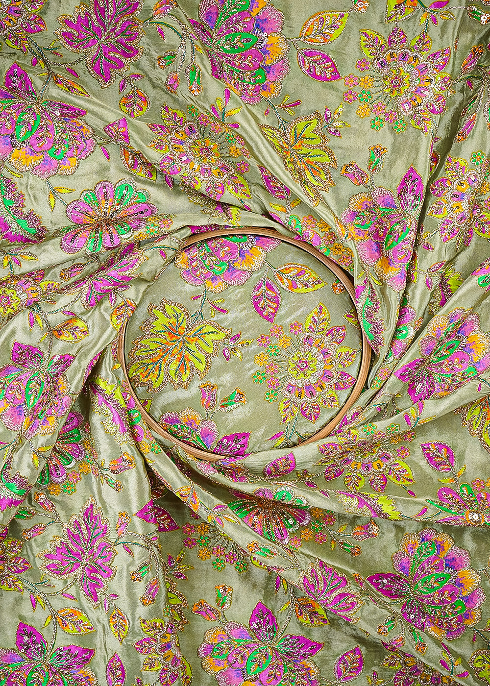 Olive Crepe Fabric With All Over Zari And Sequins Work 23593