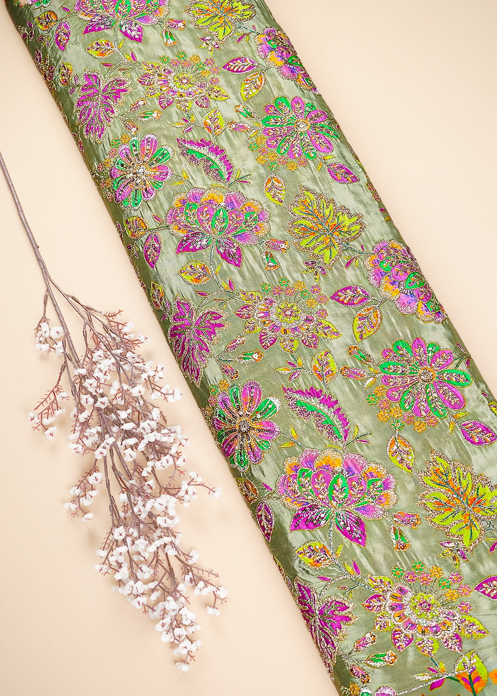 Olive Crepe Fabric With All Over Zari And Sequins Work 23593
