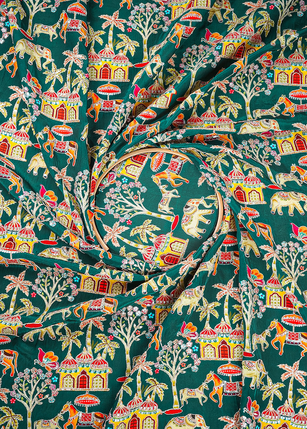 Bottel Green Crepe Fabric With All Over Zari And Sequins Work 23600