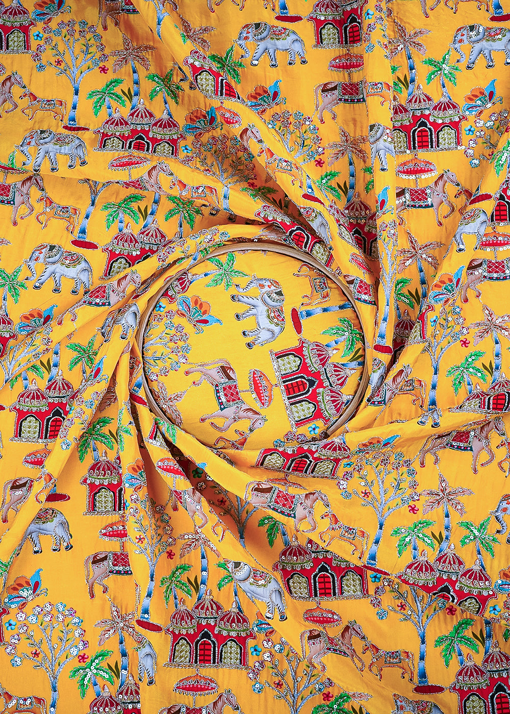 Mustard Crepe Fabric With All Over Zari And Sequins Work 23601
