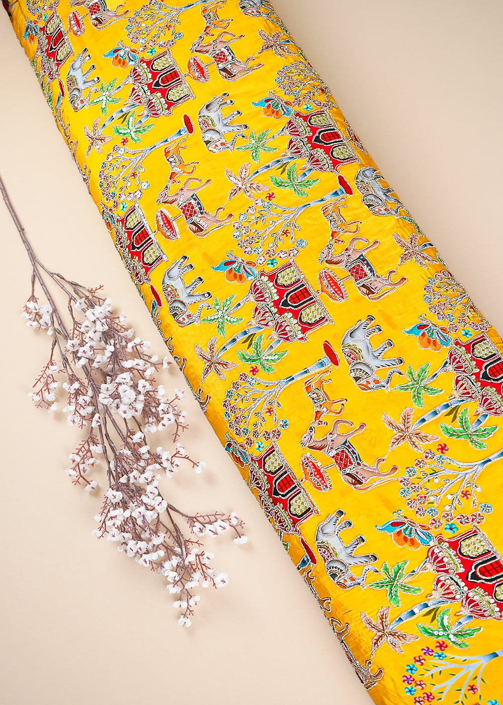 Mustard Crepe Fabric With All Over Zari And Sequins Work 23601