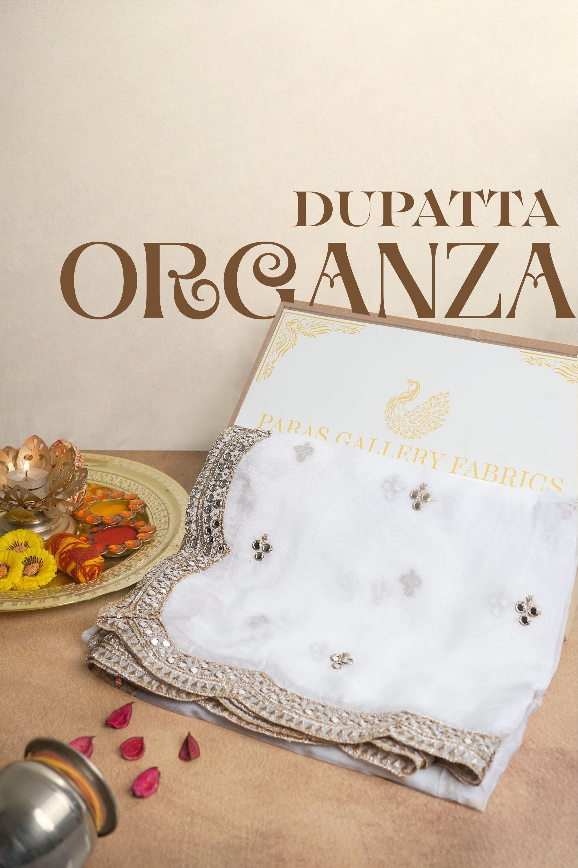 White Dyeable Organza Dupatta With All Over Sequins And Zari Work 23615