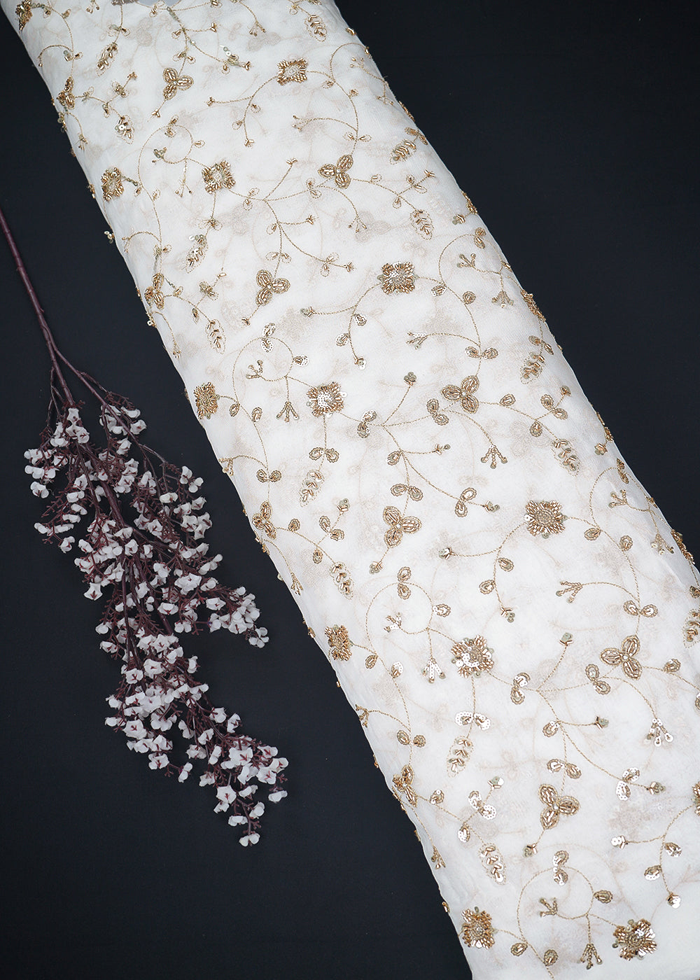 White Dyeable Georgette Fabric With All Over Sequins, Katdana, Bead And Zari Work 23633