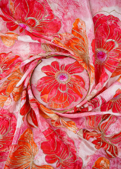Pink Crepe Fabric With All Over Sequins, Katdana And Zari Work 23652