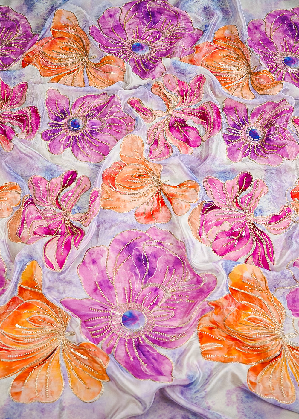 Lavender Crepe Fabric With All Over Sequins, Katdana And Zari Work 23654