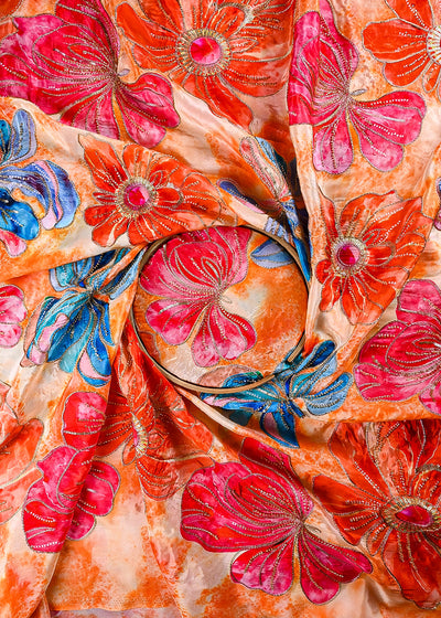 Orange Crepe Fabric With All Over Sequins, Katdana And Zari Work 23656