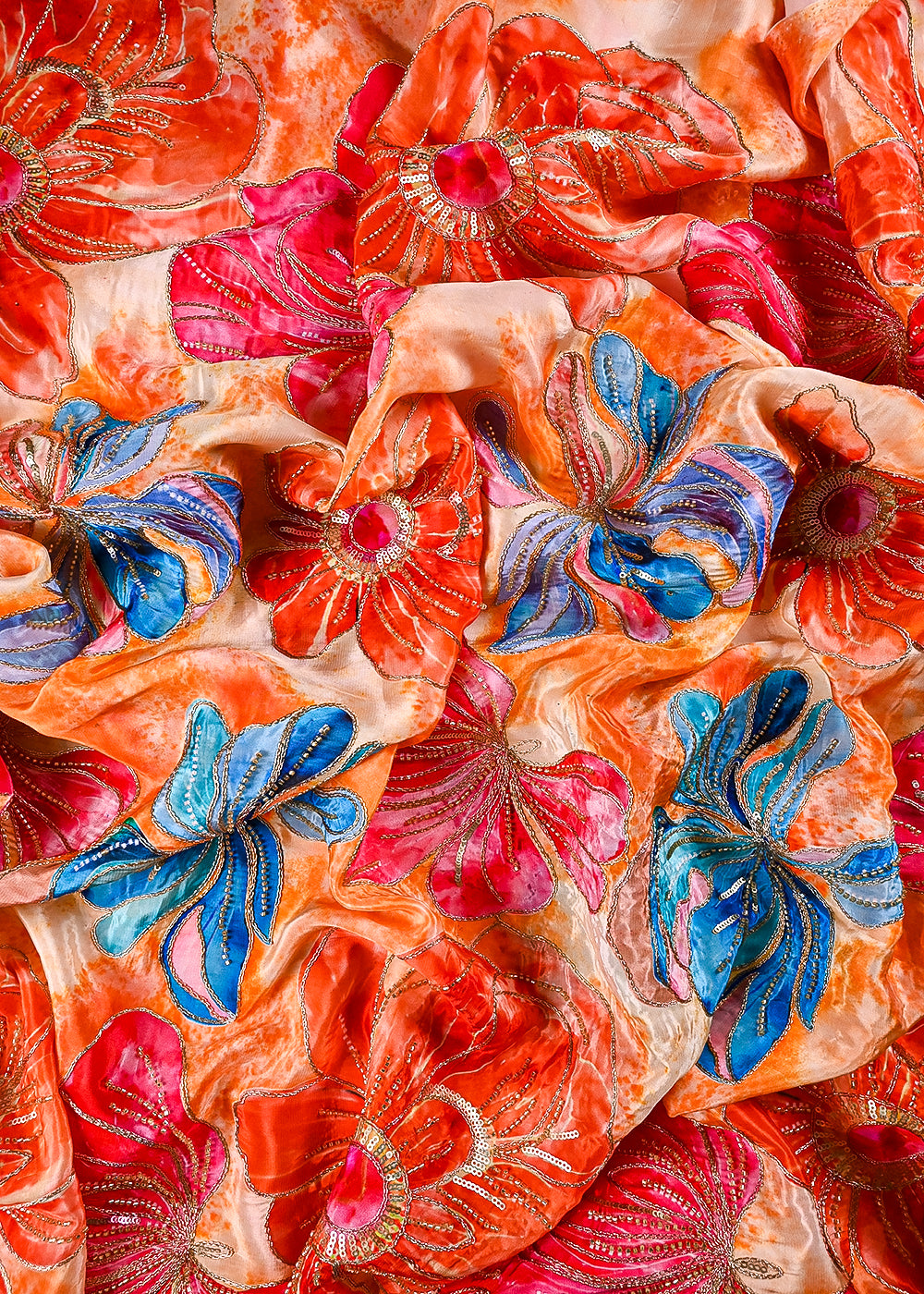 Orange Crepe Fabric With All Over Sequins, Katdana And Zari Work 23656