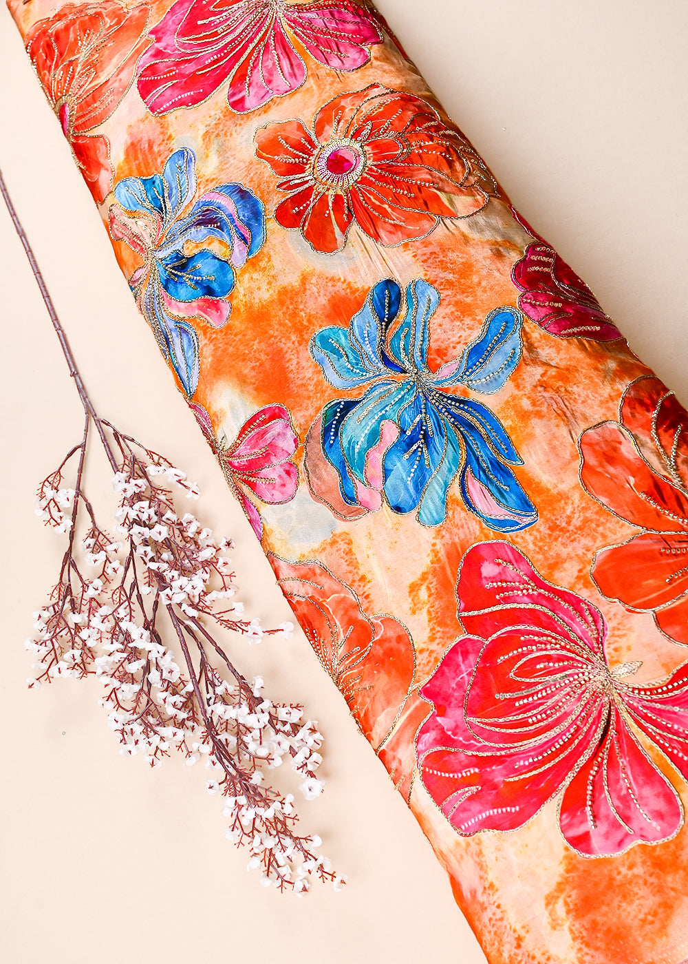 Orange Crepe Fabric With All Over Sequins, Katdana And Zari Work 23656