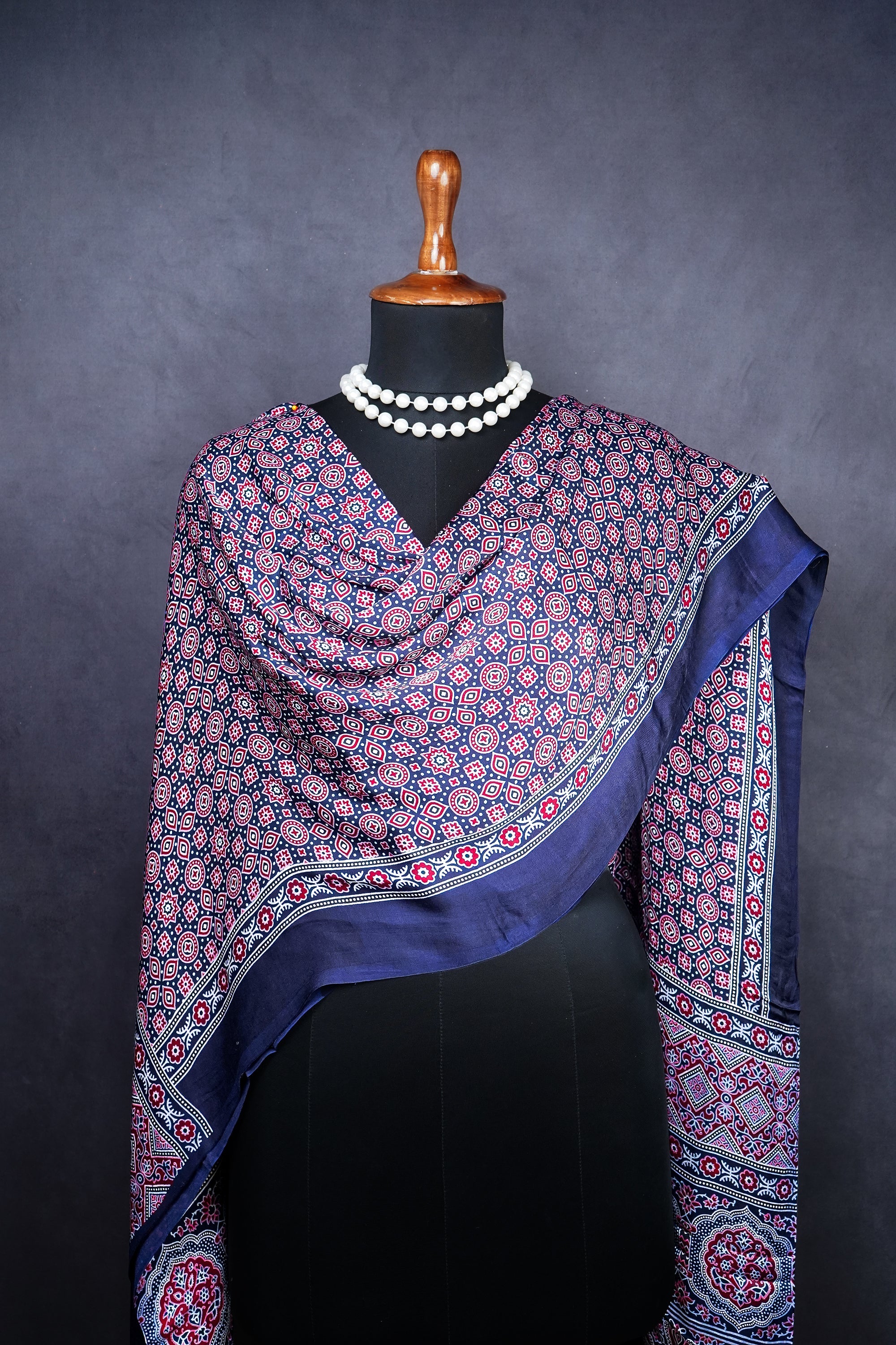 Navy Blue Modal Satin Dupatta With All Over Ajrakh Print 23658