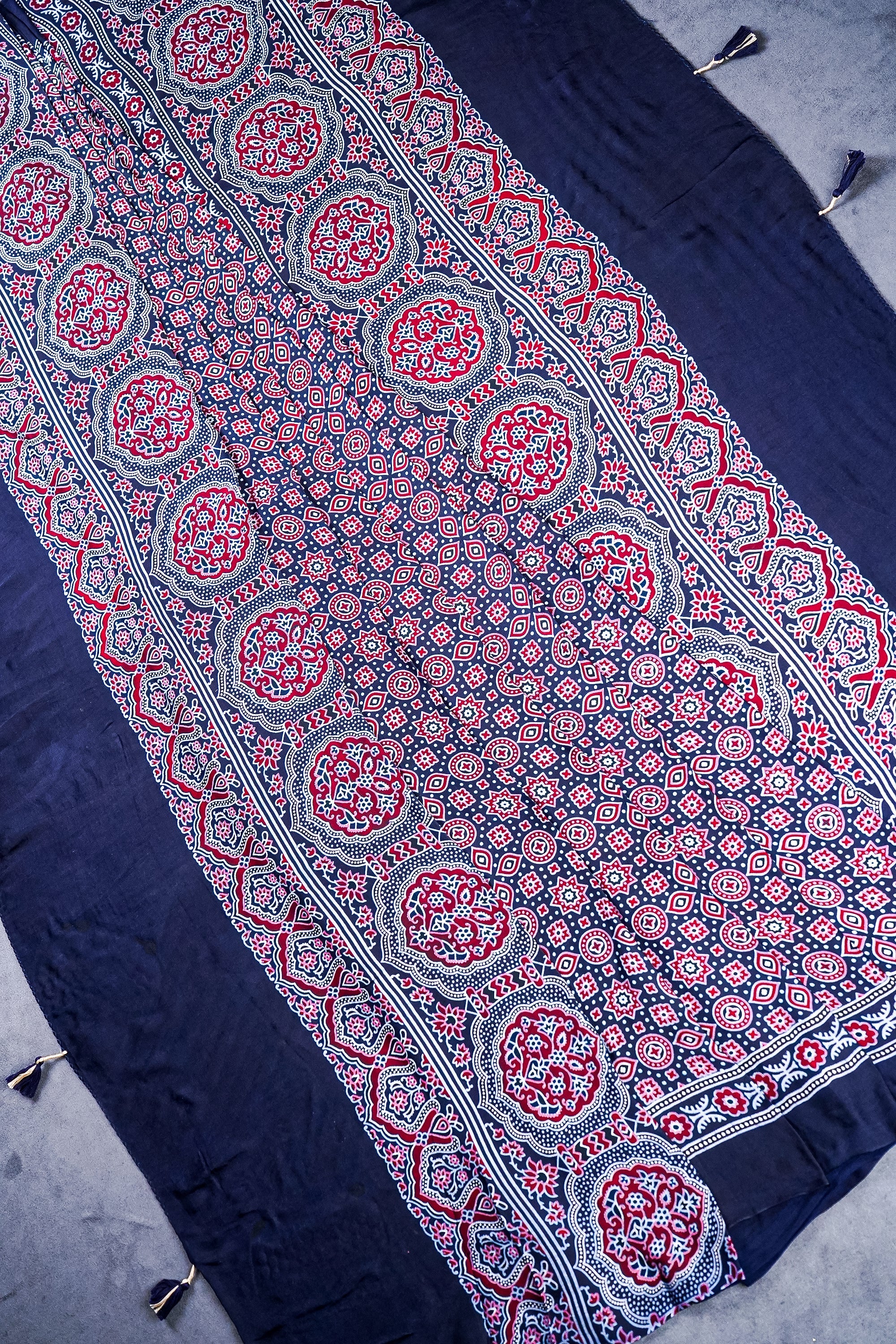 Navy Blue Modal Satin Dupatta With All Over Ajrakh Print 23658