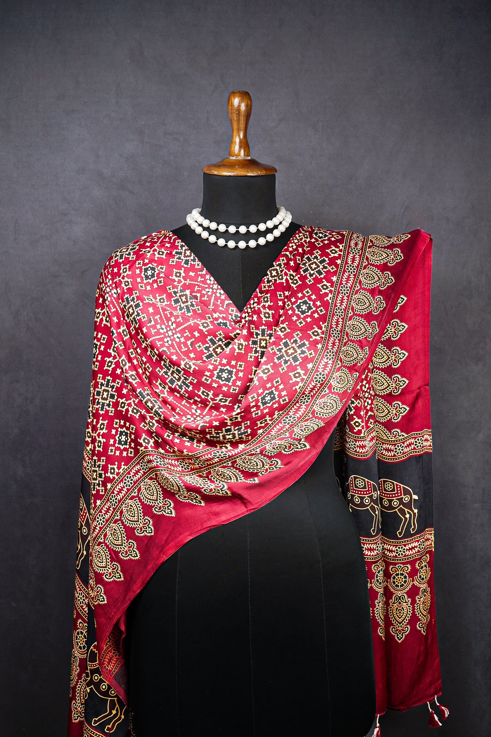 Maroon Modal Satin Dupatta With All Over Ajrakh Print 23668