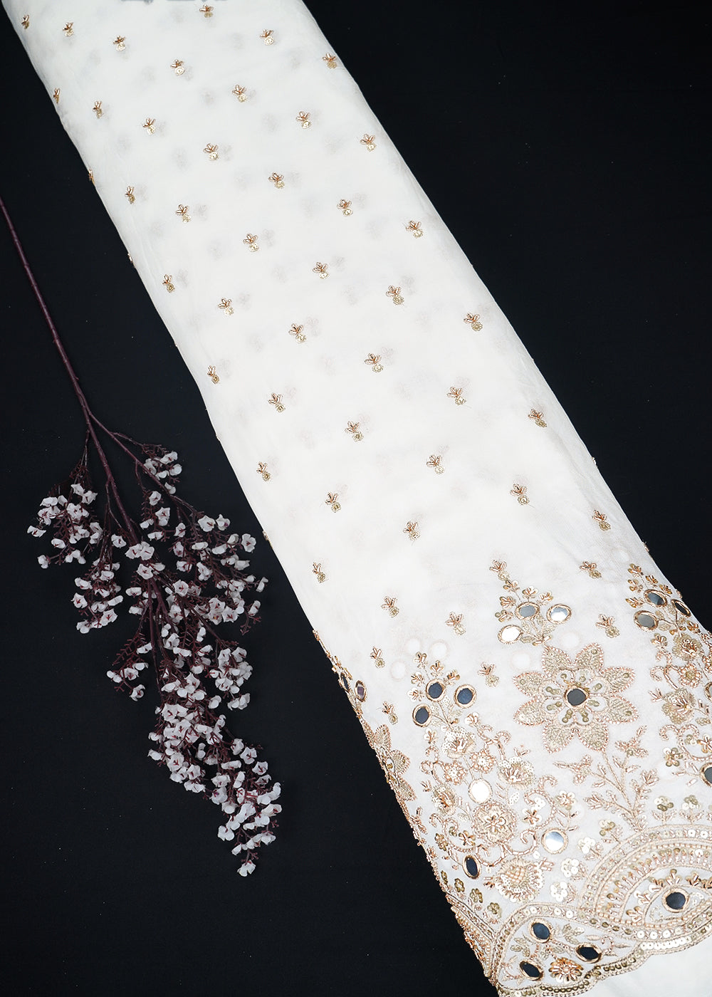 White Dyeable Georgette Fabric With All Over Sequins, Katdana, Zari And Faux Mirror Work With One Side Heavy Border 23669
