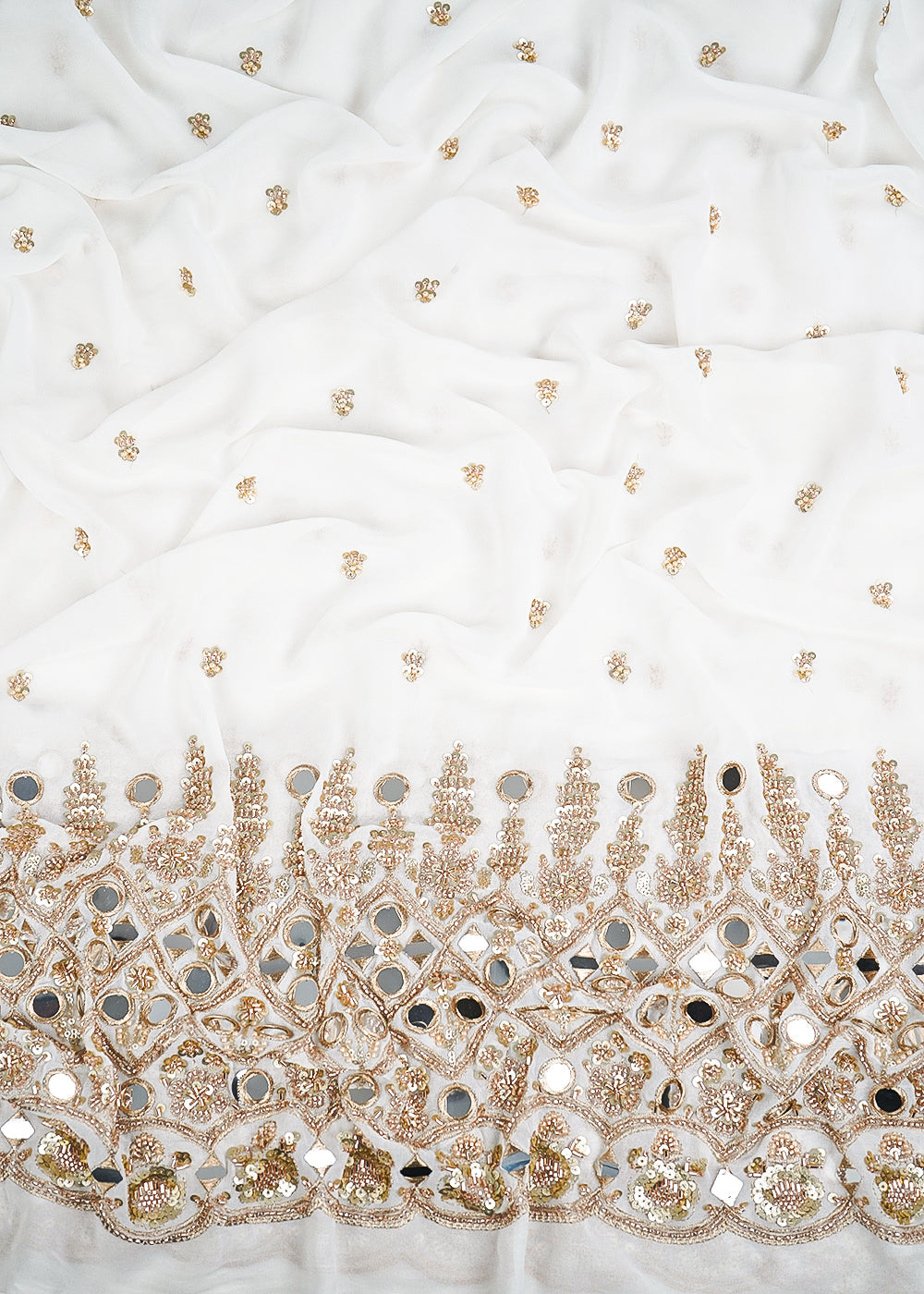 White Dyeable Georgette Fabric With All Over Sequins, Katdana, Bead, Zari And Faux Mirror Work With One Side Heavy Border 23670