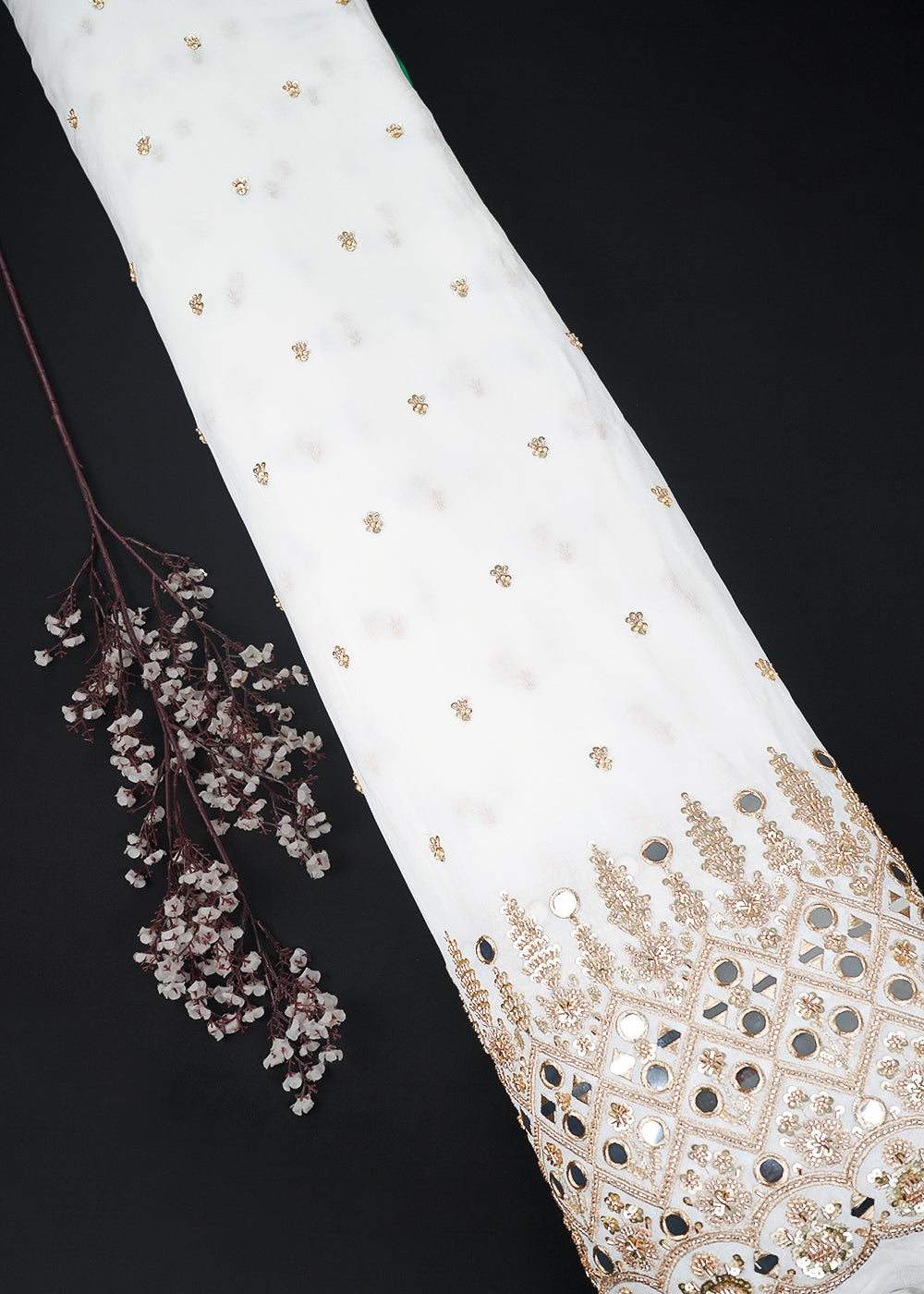White Dyeable Georgette Fabric With All Over Sequins, Katdana, Bead, Zari And Faux Mirror Work With One Side Heavy Border 23670