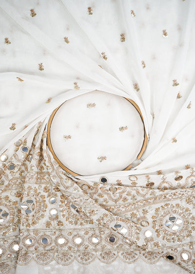 White Dyeable Georgette Fabric With All Over Sequins, Katdana, Zari And Faux Mirror Work With One Side Heavy Border 23671
