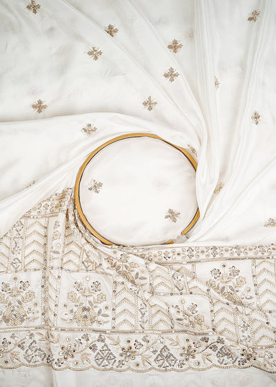 White Dyeable Crepe Fabric With All Over Sequins, Katdana, Bead And Zari Work With One Side Heavy Border 23672