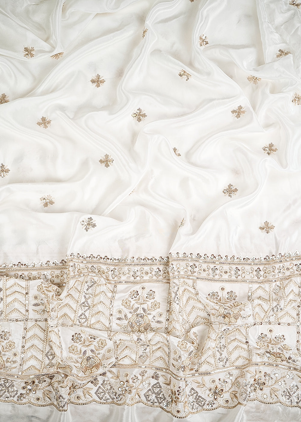 White Dyeable Crepe Fabric With All Over Sequins, Katdana, Bead And Zari Work With One Side Heavy Border 23672