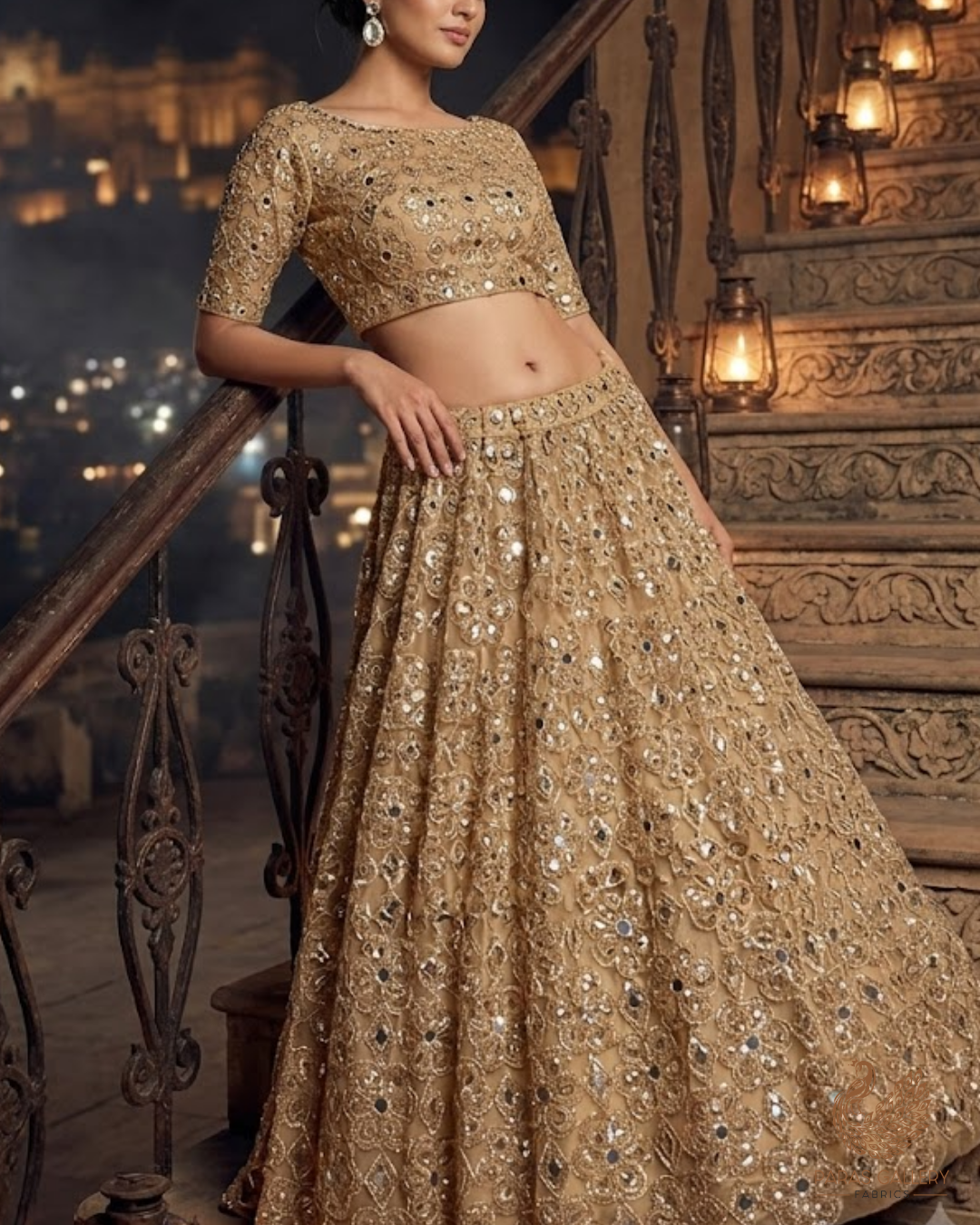 Golden Imported Net Fabric With All Over Sequins, Katdana, Bead, Zari And Faux Mirror Work 23675
