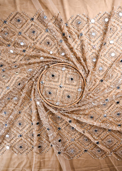 Golden Imported Net Fabric With All Over Sequins, Katdana, Bead, Zari And Faux Mirror Work 23676