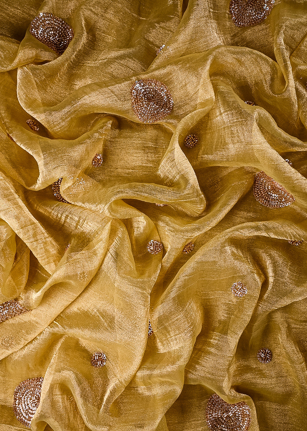 Pista Green Crushed Tissue Fabric With All Over Sequins And Katdana Work 23685