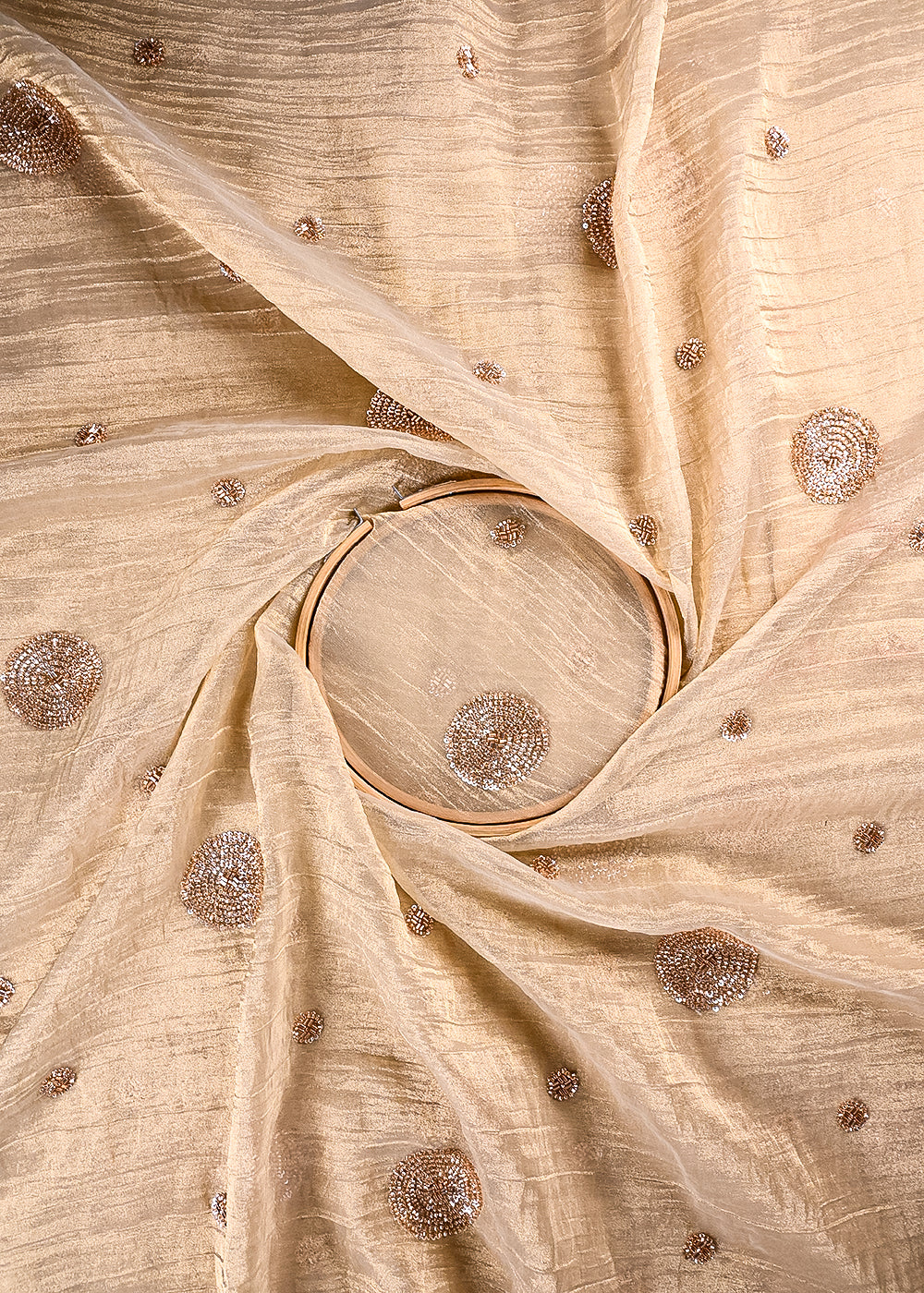 Gold Crushed Tissue Fabric With All Over Sequins And Katdana Work 23688