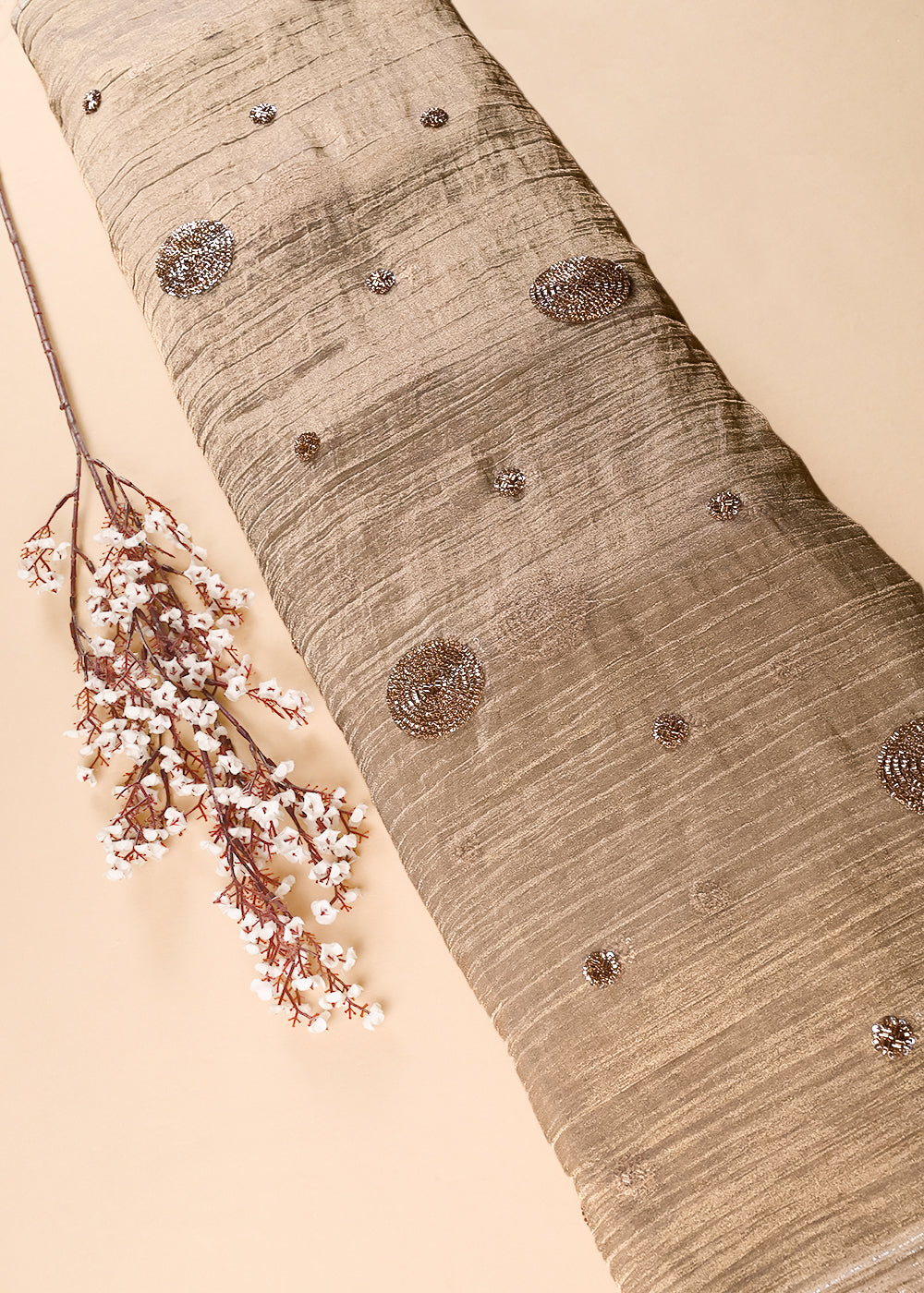 Gold Crushed Tissue Fabric With All Over Sequins And Katdana Work 23688